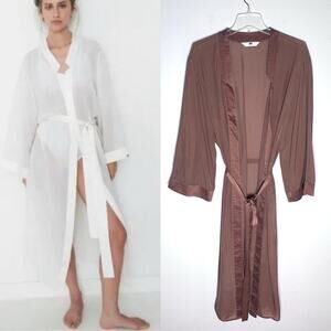 Lunya Washable Silk Chiffon Kimono Robe Tan Sz M